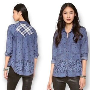 Free People Dottie Over You Chambray Button Up Floral and Plaid Blouse Medium